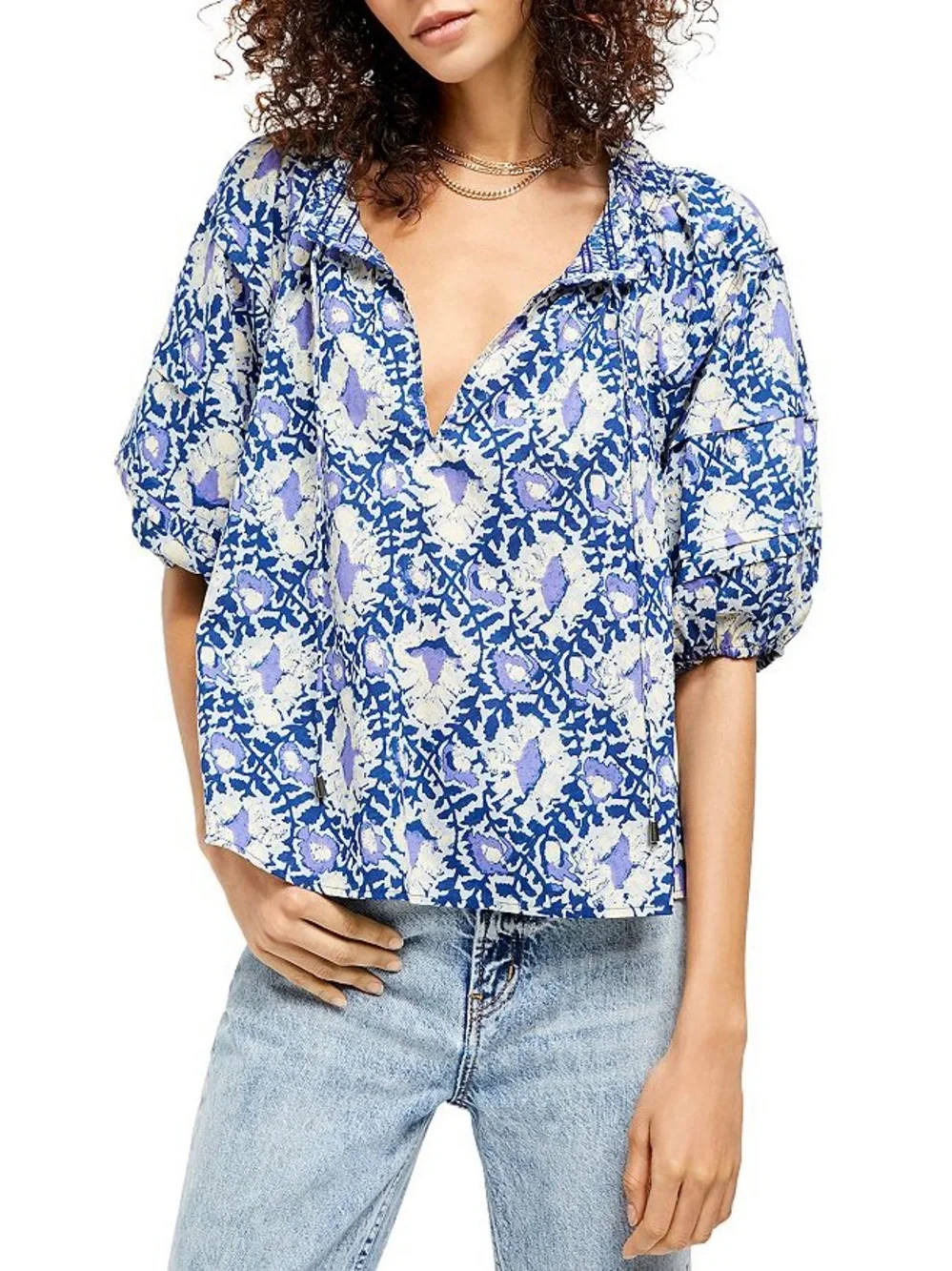 Blue Floral Puff-Sleeve Women's Top